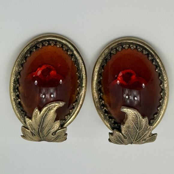 Fashion Leaf Synthetic Amber Stone Clip-On Earrings - Picture 1 of 5